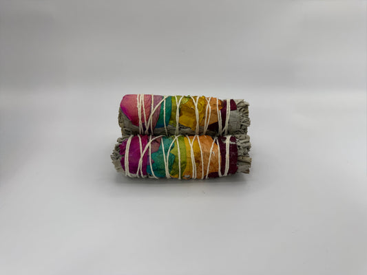 Rainbow Rose-Wrapped White Sage Smudge Stick (4”)-3 Pack