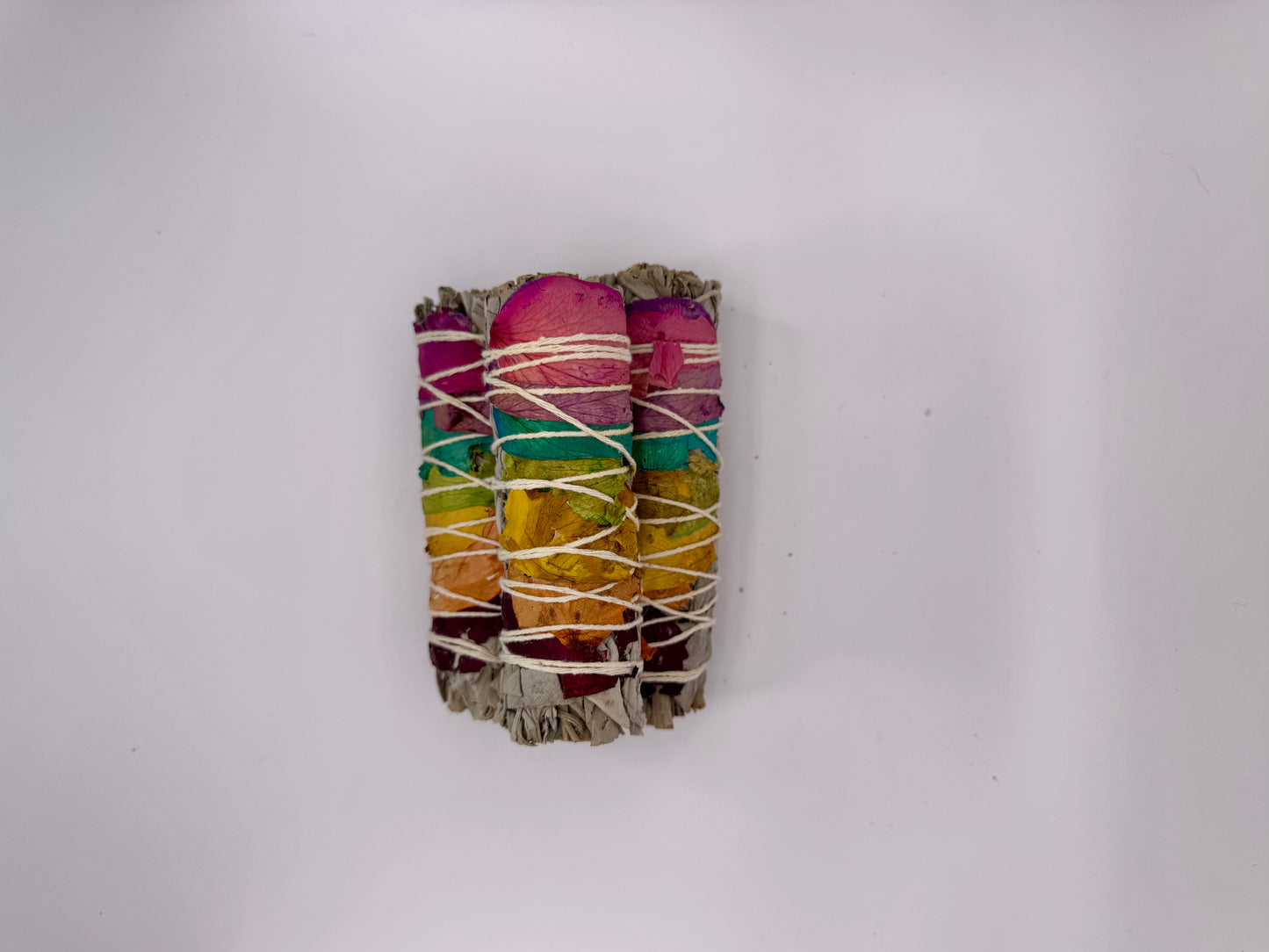 Rainbow Rose-Wrapped White Sage Smudge Stick (4”)-3 Pack