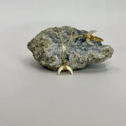 Lunar Radiance Duo – White Opal Crescent Moon Necklace & Ring (Gold)