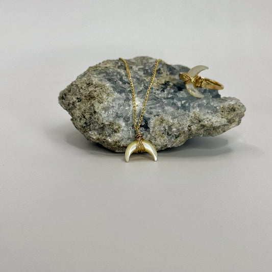 Lunar Radiance Duo – White Opal Crescent Moon Necklace & Ring (Gold)